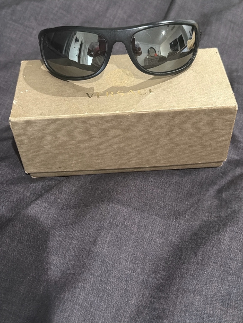 Men's Versace Black Polarized Wrap Sunglasses